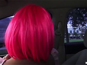 costume play ultra-cutie with pink hair bj's a yam-sized boner in the front seat of the car